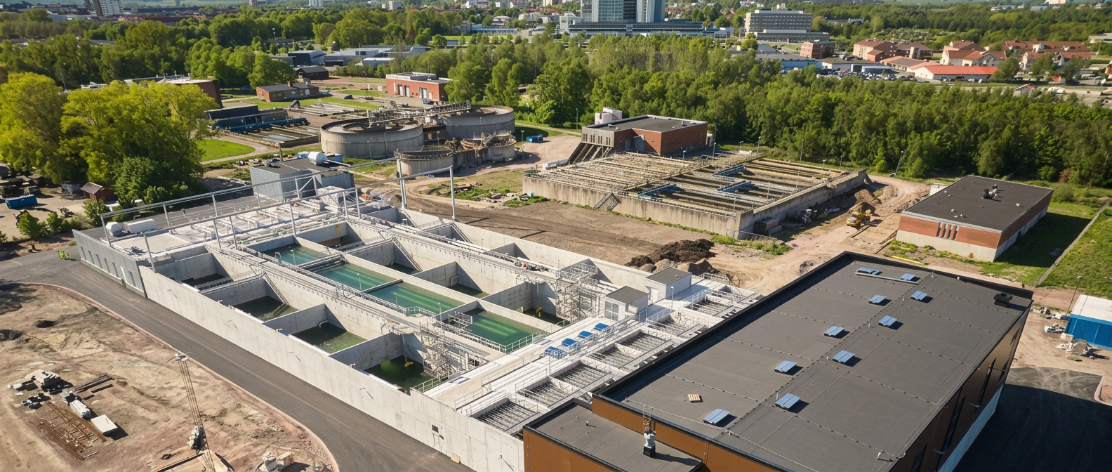 Aerial view of Centrala Reningsverket, the Kristianstad water treatment plant, showing the lined basins, clarifier tanks and surrounding plant